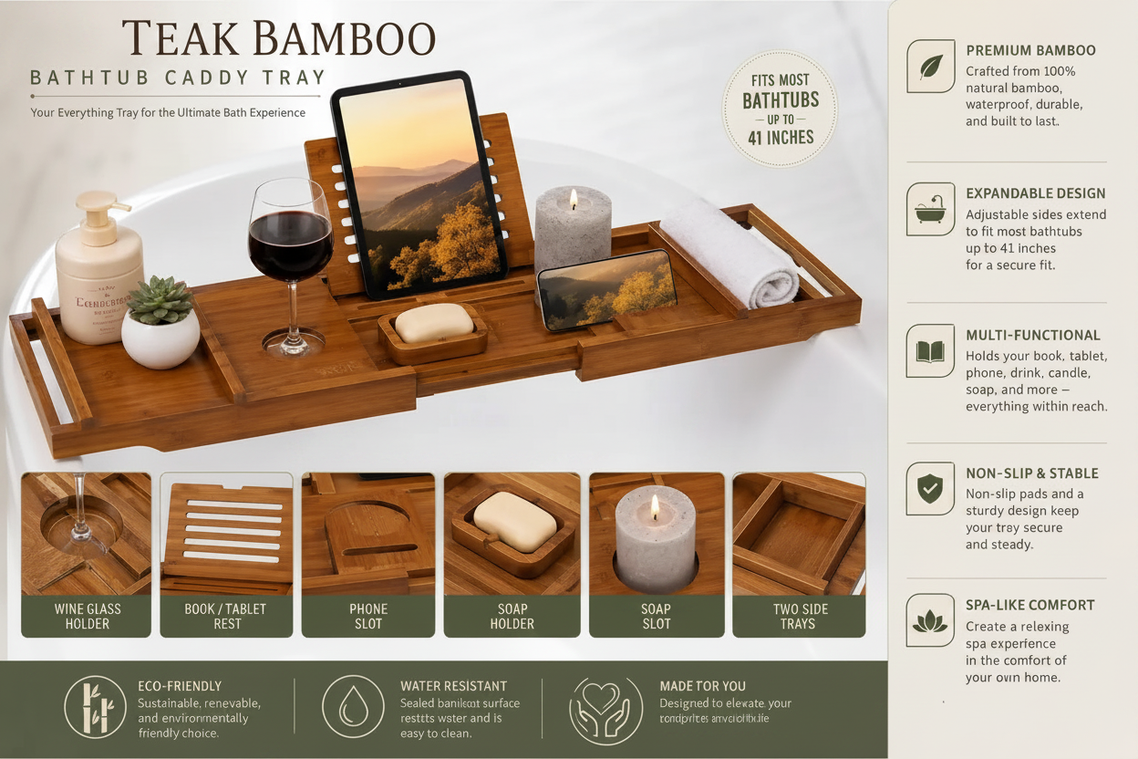  Teak Bamboo bathtub caddy tray shown in a styled bathroom setup with a tablet, wine glass, soap, candle, and bath accessories. The image includes feature callouts, dimensions, and icons highlighting eco-friendly bamboo construction, expandable design, phone slot, candle mug slot, and two side trays.