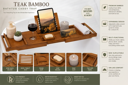  Teak Bamboo bathtub caddy tray shown in a styled bathroom setup with a tablet, wine glass, soap, candle, and bath accessories. The image includes feature callouts, dimensions, and icons highlighting eco-friendly bamboo construction, expandable design, phone slot, candle mug slot, and two side trays.