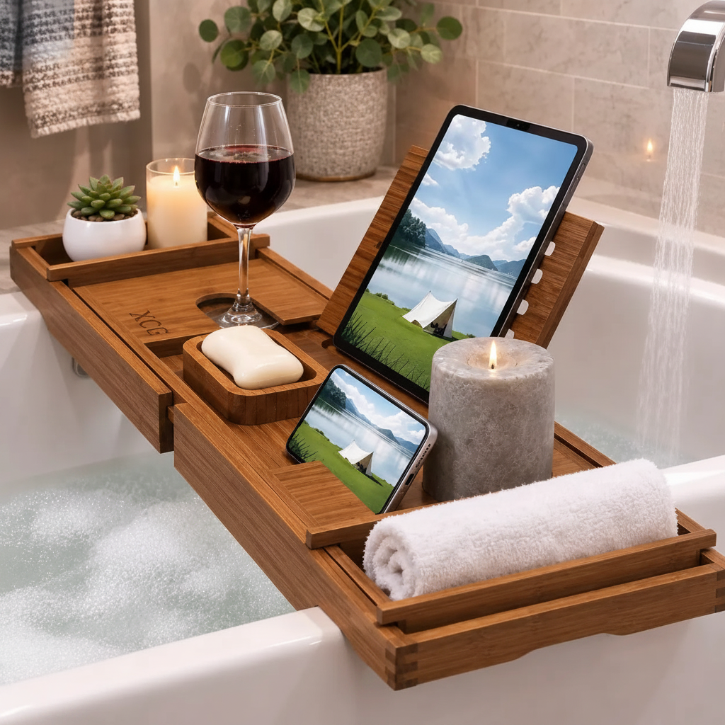 Teak wooden bath caddy teak tray set in a bathtub, holding a tablet, smartphone, candle, wine glass, soap bar, towel, and small plant. A faucet is running in the background.