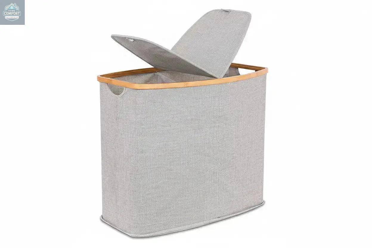 Grey bamboo canvas laundry hamper with lid open showing modern freestanding laundry basket for bedroom or bathroom organization
