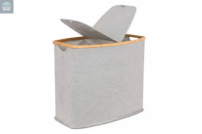 Grey bamboo canvas laundry hamper with lid open showing modern freestanding laundry basket for bedroom or bathroom organization
