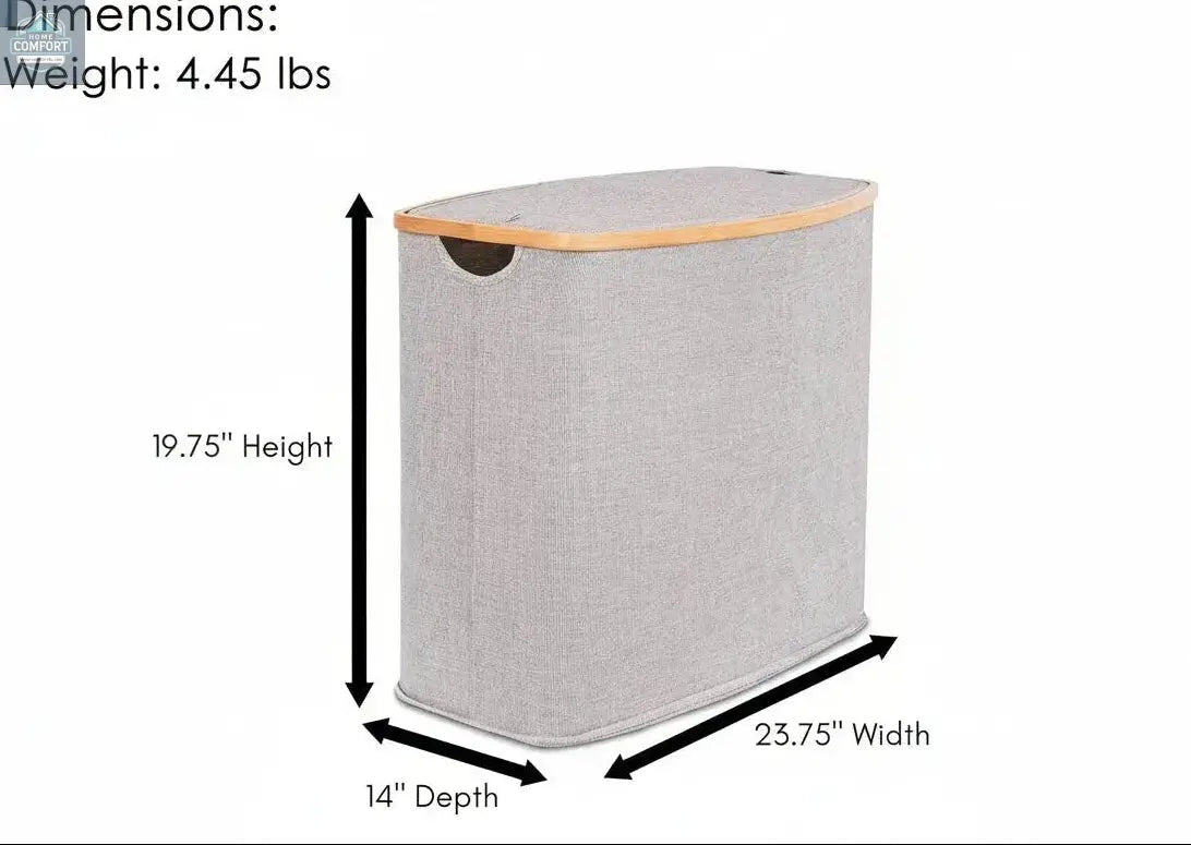 Grey bamboo canvas laundry hamper with labeled dimensions showing width depth and height for home organization sizing reference
