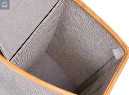 Top view inside grey bamboo canvas laundry hamper showing spacious interior storage compartment
