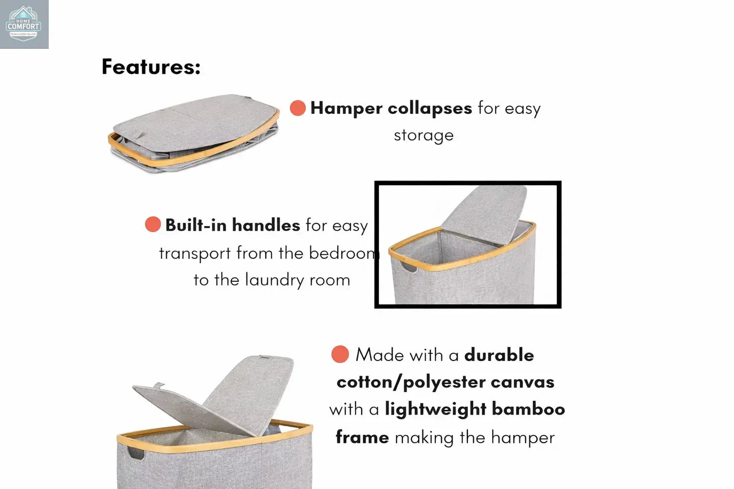 Grey bamboo canvas laundry hamper showing collapsible design built-in handles and durable bamboo frame construction