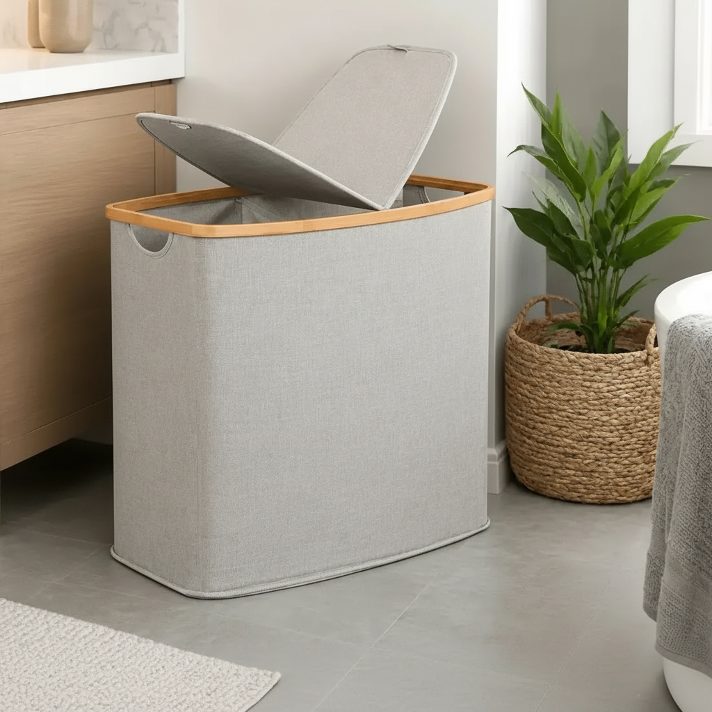 Bamboo Canvas Laundry Hamper with Lid