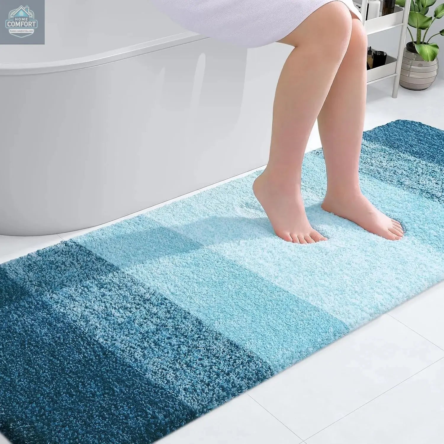 Blue extra soft microfiber bath mat with non slip backing and absorbent surface 70x24 inch