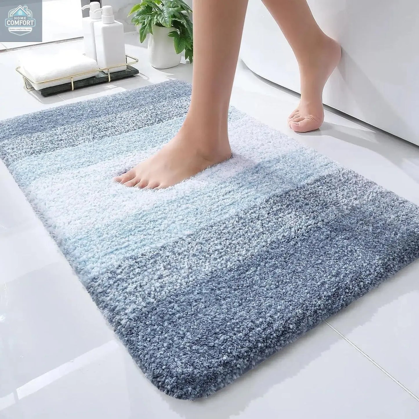 Blue extra soft microfiber bath mat with non slip backing and absorbent surface 24x16 inch