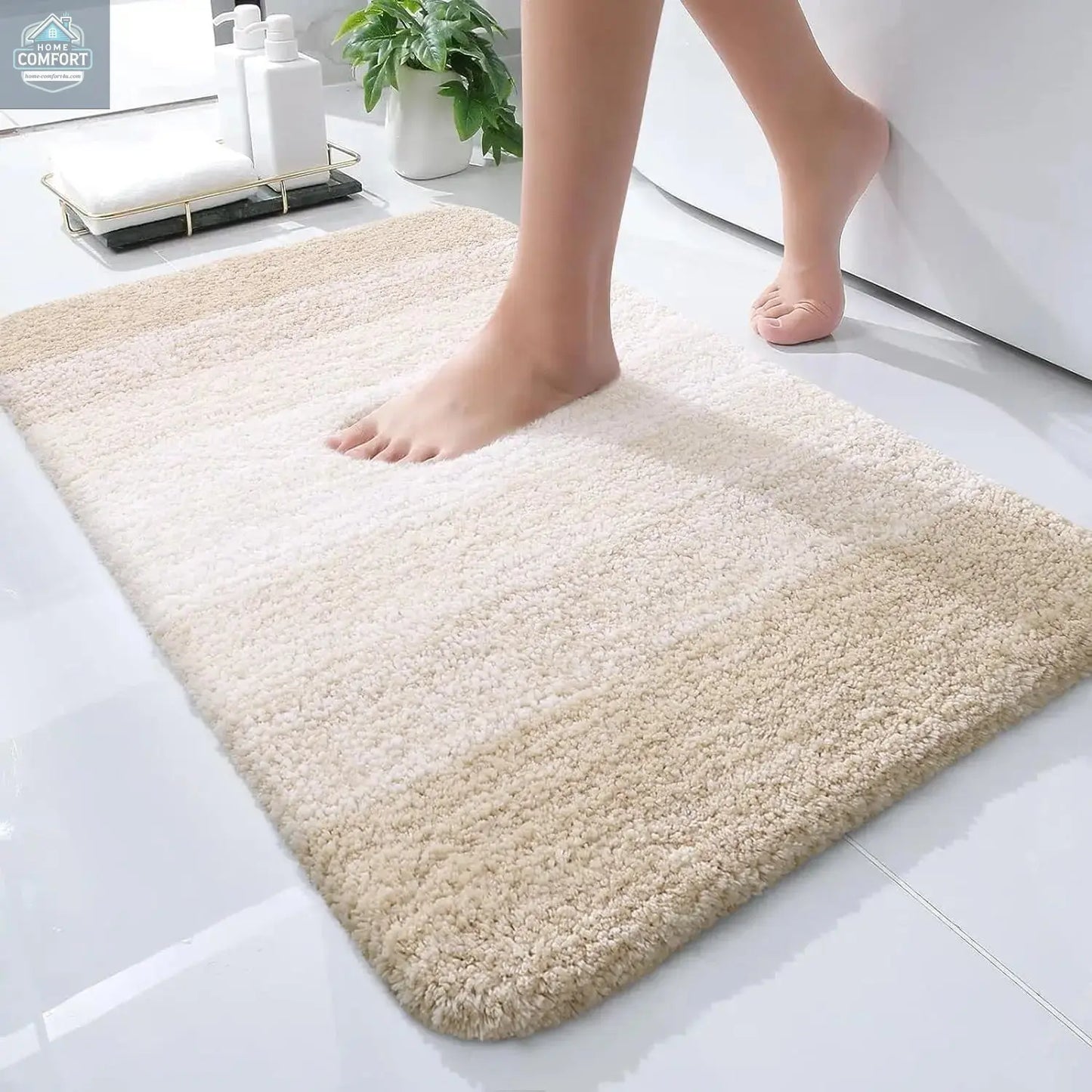 Light beige extra soft microfiber bath mat with non slip backing and absorbent surface size 24x16 inch