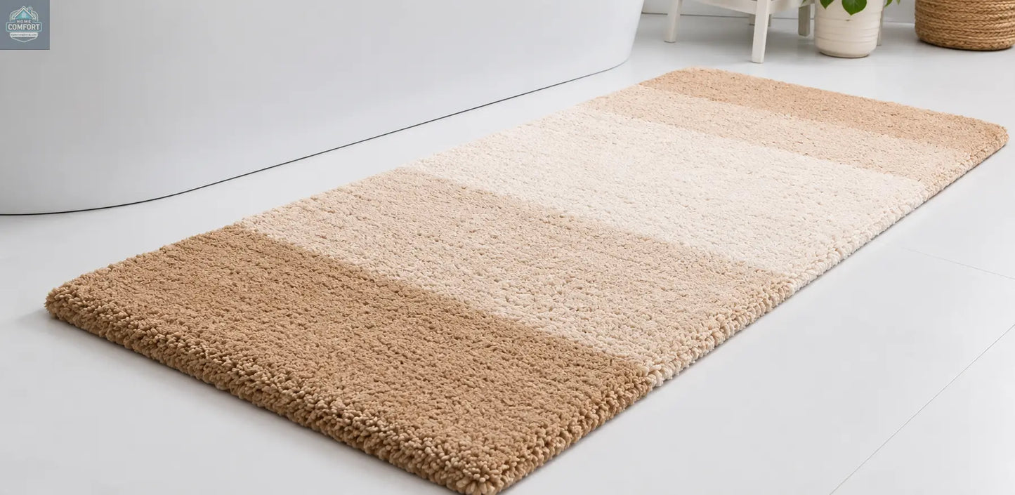 Beige and brown gradient rug on a white floor