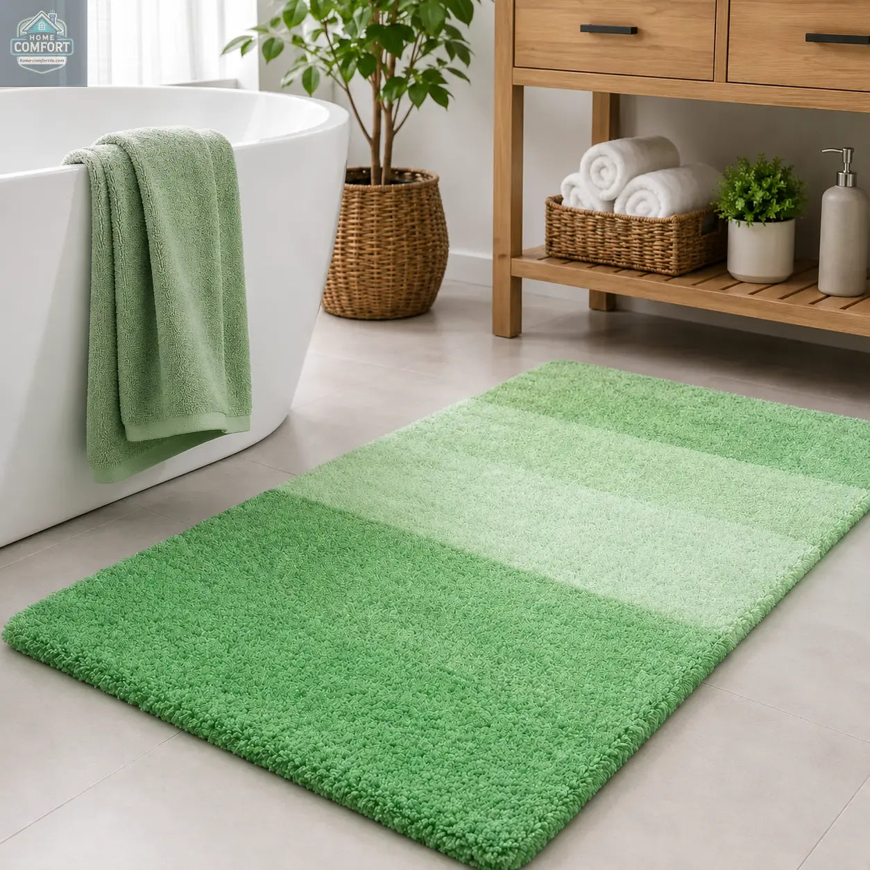 Green extra soft microfiber bath mat with non slip backing and absorbent surface 