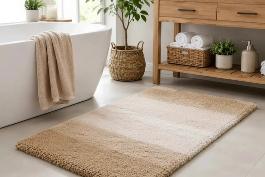 Bathroom with a bath mat, bathtub, and wooden shelf.