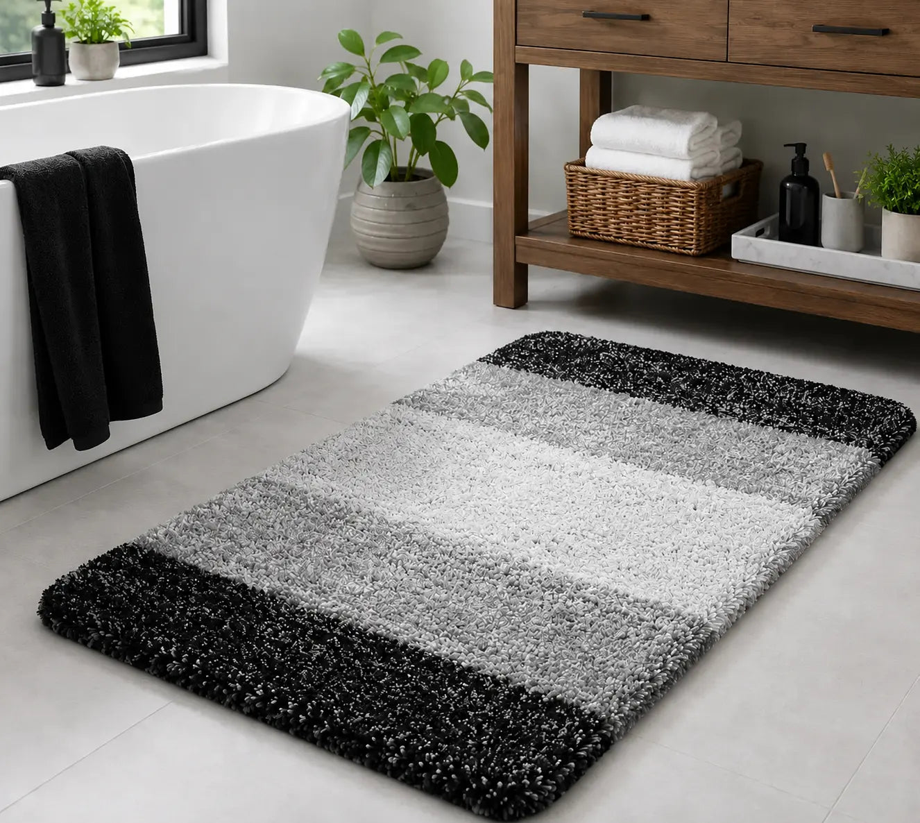 Black extra soft microfiber bath mat with non slip backing and absorbent surface 