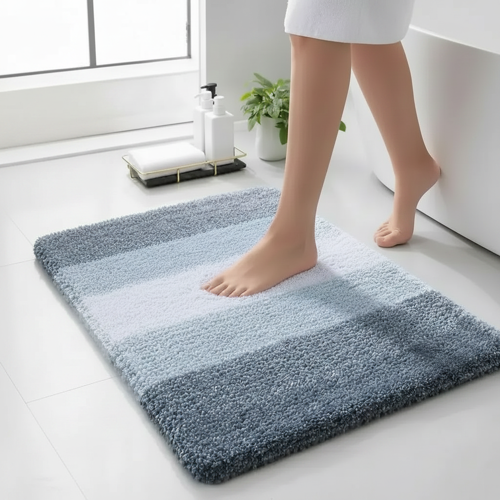 Person stepping onto a gradient bath mat in a bathroom setting.