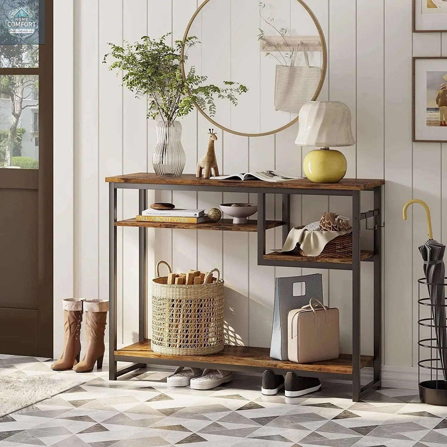 Bestier Narrow Console Table, Rustic with 4 Storage Shelves and 2 Hooks