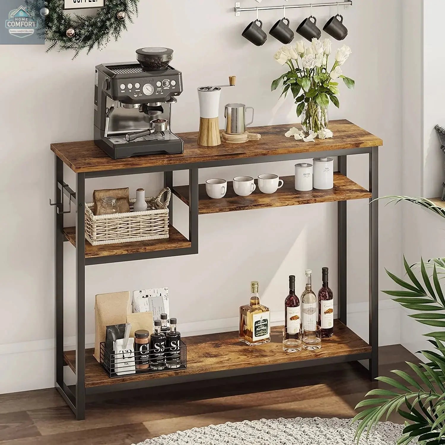 Bestier Narrow Console Table, Rustic with 4 Storage Shelves and 2 Hooks
