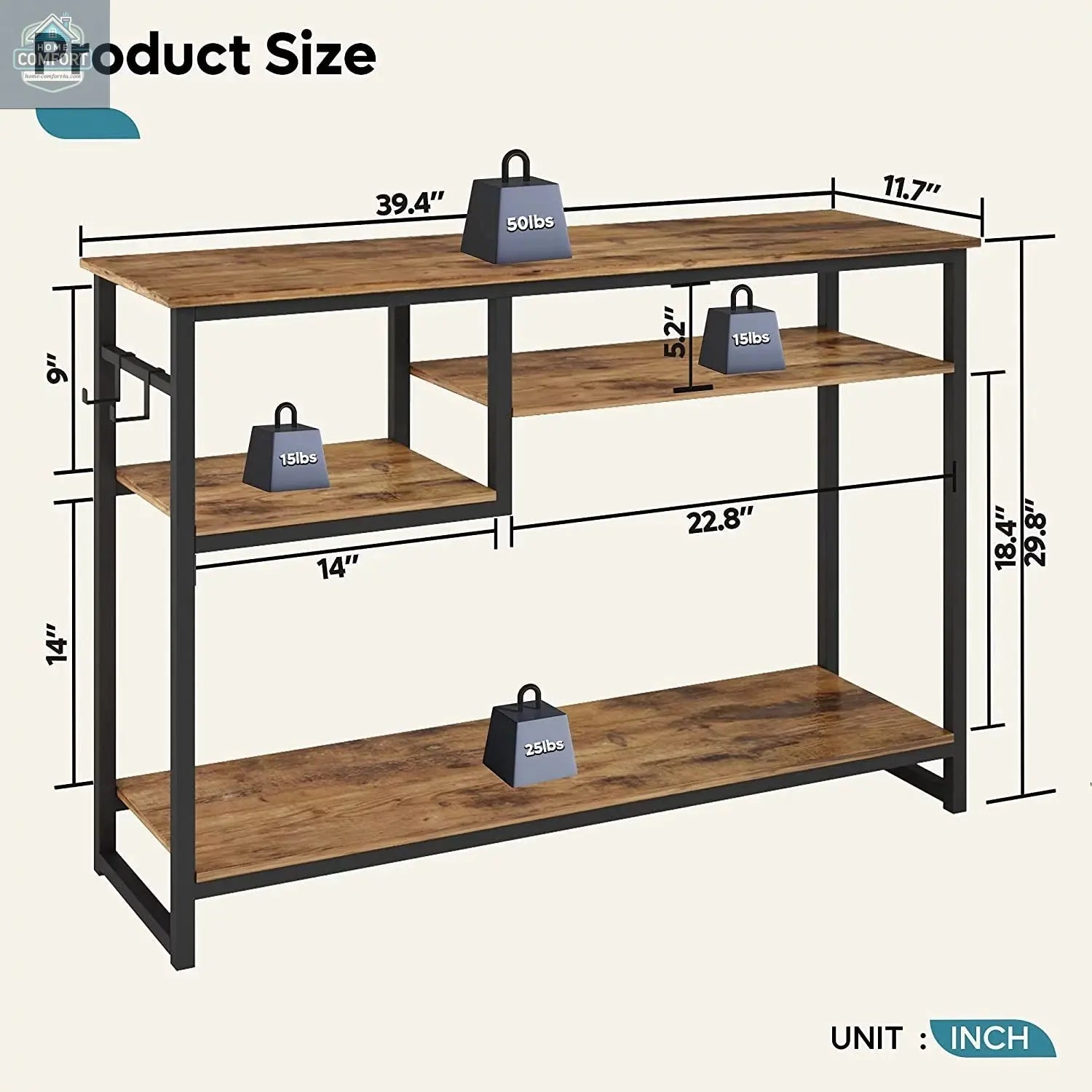 Bestier Narrow Console Table, Rustic with 4 Storage Shelves and 2 Hooks