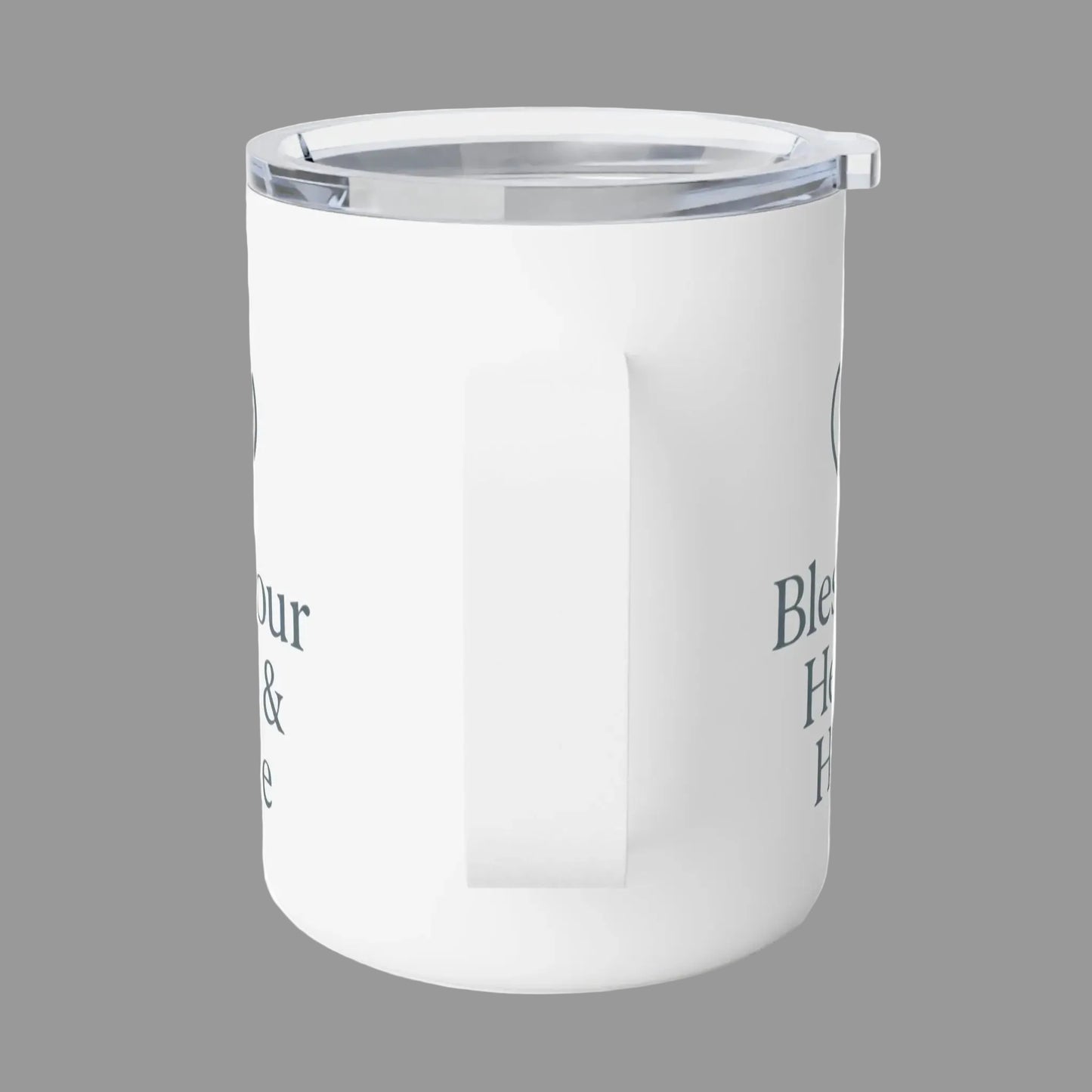 A white insulated travel mug with a clear lid and a side handle, featuring dark gray text on the side, shown on a white background.