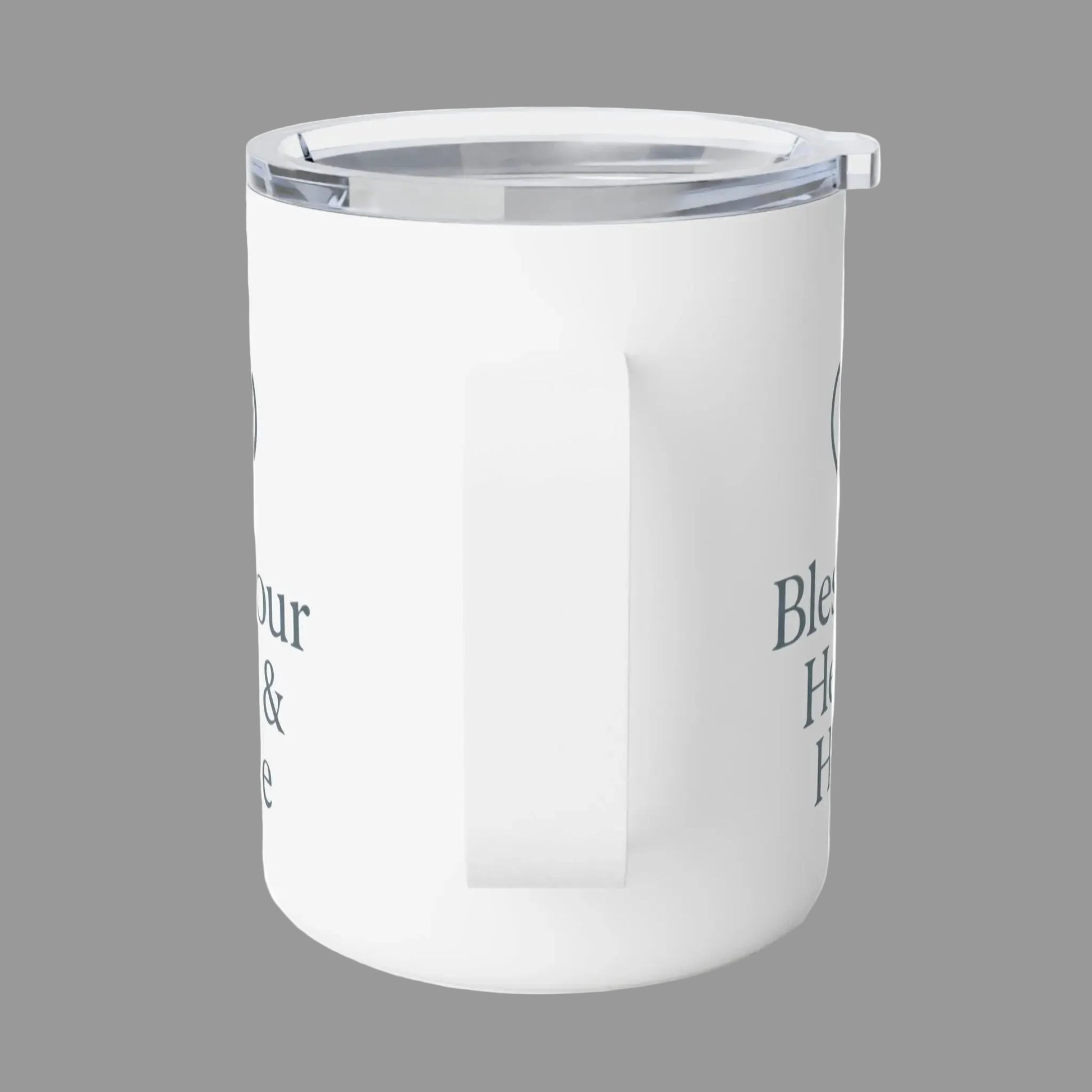 A white insulated travel mug with a clear lid and a side handle, featuring dark gray text on the side, shown on a white background.
