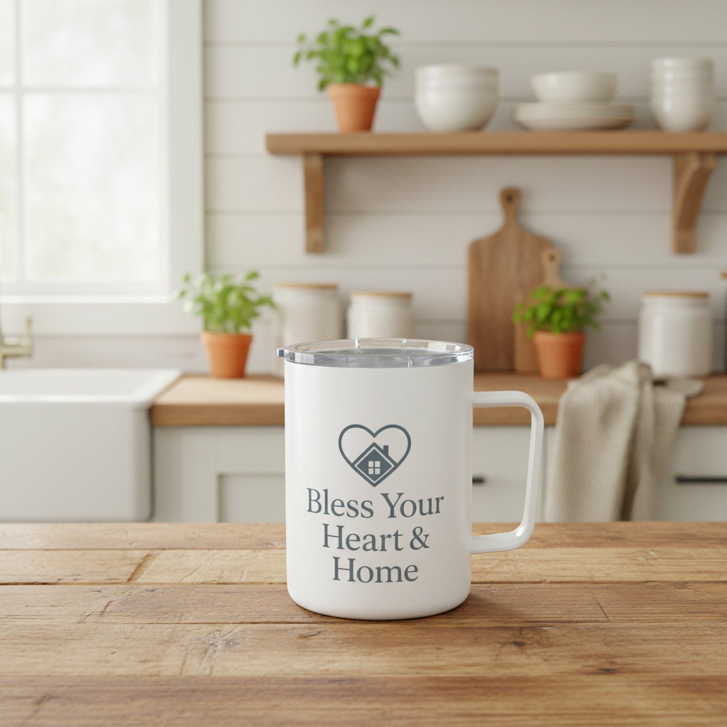 A white insulated travel mug with a clear lid, featuring a dark gray printed heart-shaped house icon and the text 'Bless Your Heart & Home' on the front. A small 'Comfort Colors' logo is visible in the top-left corner.