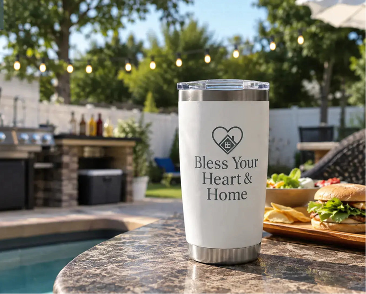 A white insulated travel tumbler with a stainless steel lid and base sits on a stone patio table outdoors. The tumbler is printed with a heart logo and the phrase 'Bless Your Heart & Home.