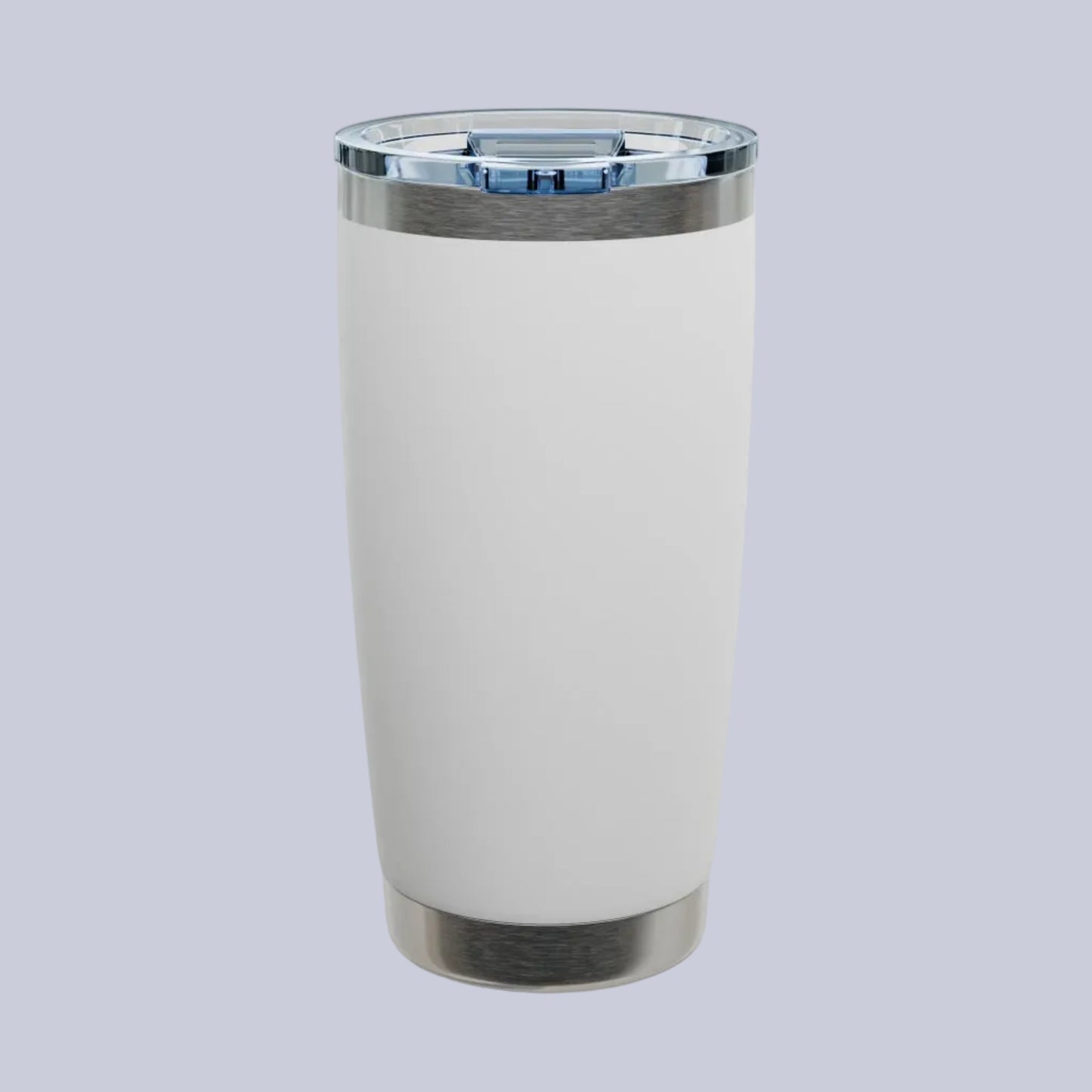 A matte white insulated travel tumbler with brushed stainless steel accents at the top and bottom, featuring a clear lid. A small Comfort Colors logo badge is visible in the top-left corner.