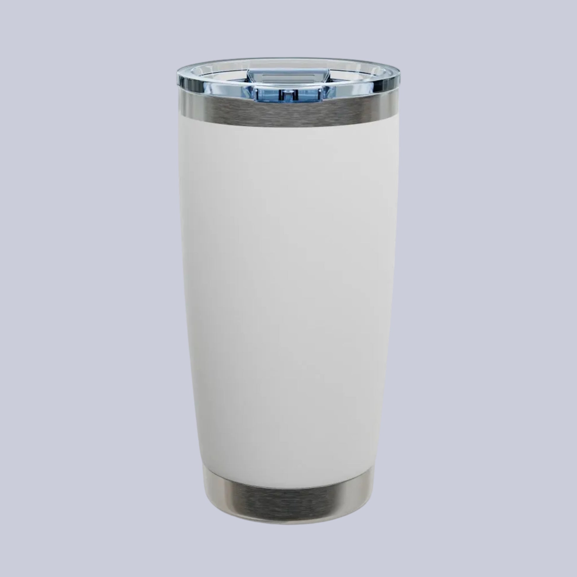 A matte white insulated travel tumbler with brushed stainless steel accents at the top and bottom, featuring a clear lid. A small Comfort Colors logo badge is visible in the top-left corner.