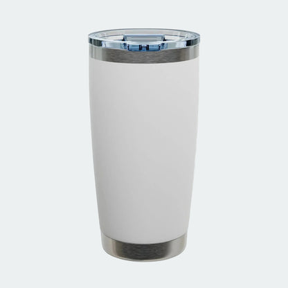 A matte white insulated travel tumbler with brushed stainless steel accents at the top and bottom, featuring a clear lid. 