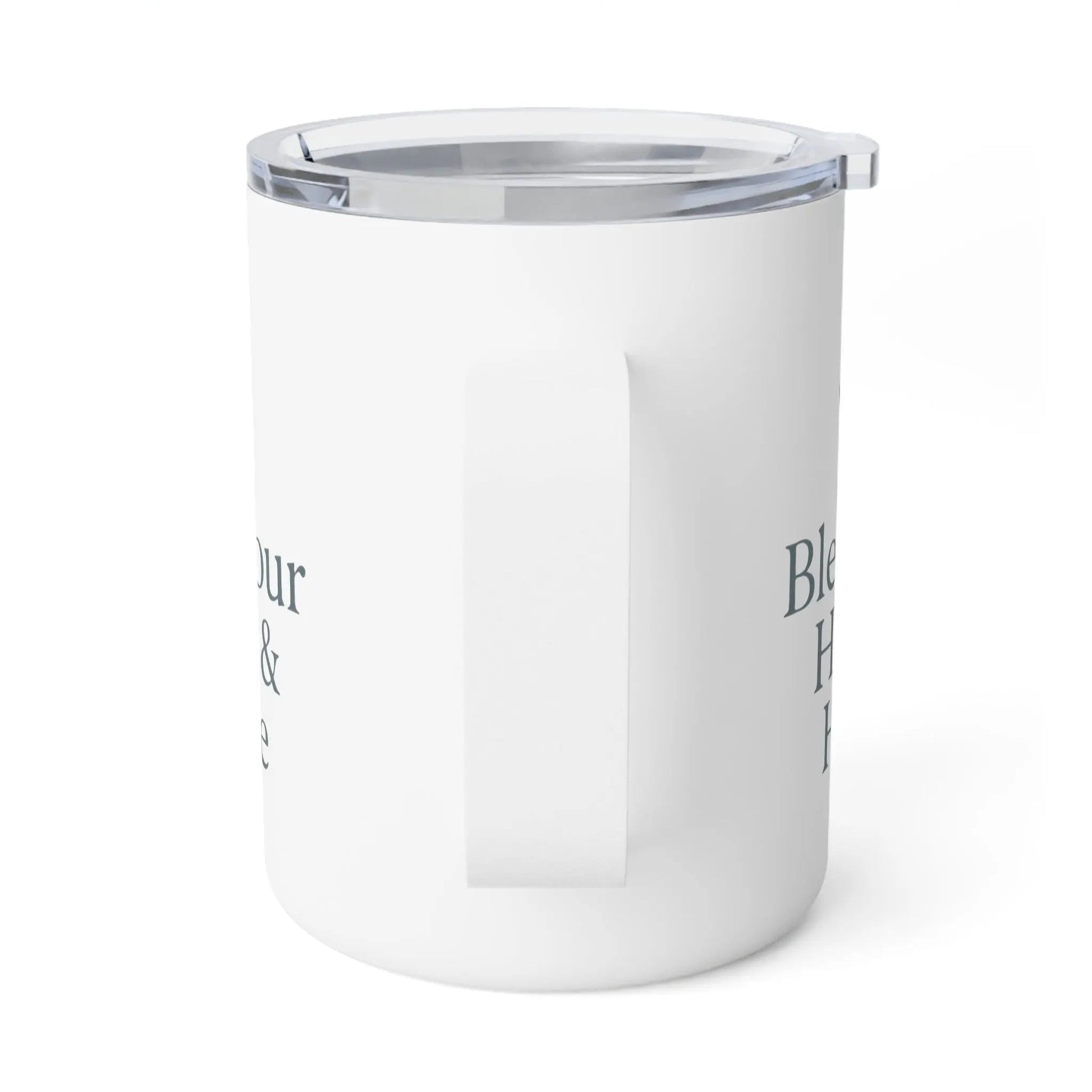 A white insulated travel mug with a clear lid and a side handle, featuring dark gray text on the side, shown on a white background.