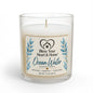 A 11 oz scented candle in a clear glass jar with a cream-colored label that reads 'Ocean Water' and features blue watercolor leaves. The candle is shown on a clean white background with a subtle shadow.