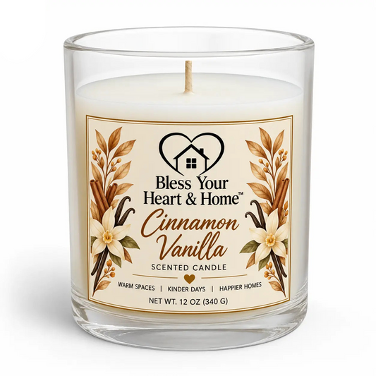 A 11 oz scented candle in a clear glass jar with a white wax fill and a cream-colored label. The label features gold wheat illustrations and the brand name 'Bless Your Heart & Home' with the scent 'Cinnamon Vanilla'.