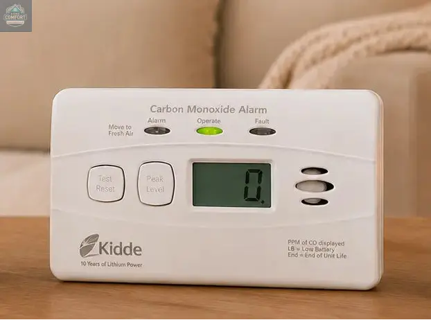 Security camera and carbon monoxide alarm on a table with promotional text about the 'Peace of Mind Bundle'.