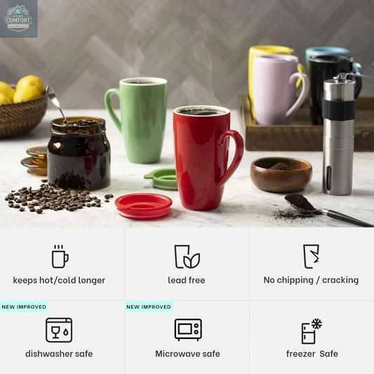 ceramic coffee mug set with lids, six colored mugs displayed on kitchen table with coffee beans and accessories