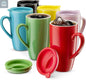 6 pack ceramic coffee mugs with snap on lids in multiple colors shown together