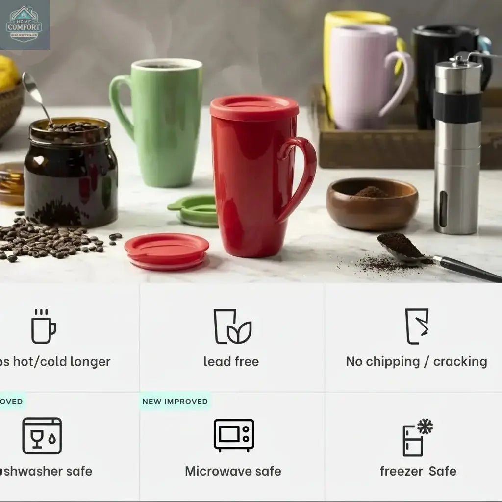 ceramic coffee mug set with lids, six colored mugs displayed on kitchen table with coffee beans and accessories