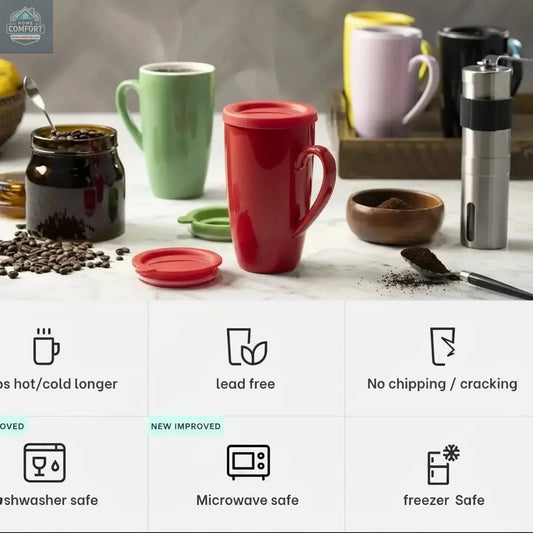 ceramic coffee mug set with lids, six colored mugs displayed on kitchen table with coffee beans and accessories