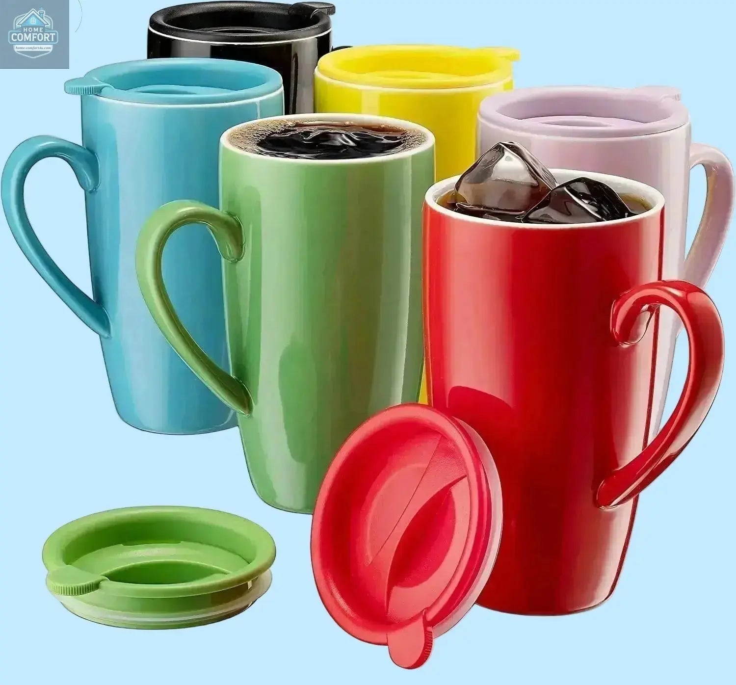 6 pack ceramic coffee mugs with snap on lids in multiple colors shown together
