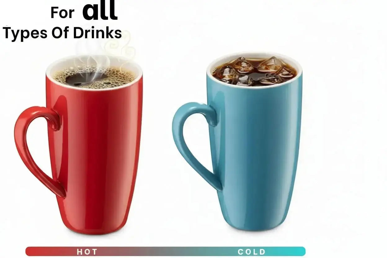 two ceramic mugs showing use for hot coffee and cold iced drinks