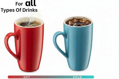 two ceramic mugs showing use for hot coffee and cold iced drinks