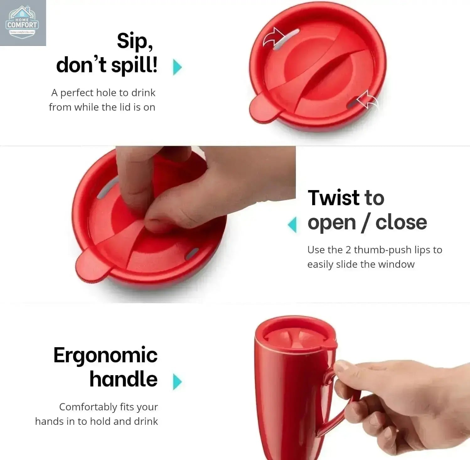  ceramic mug snap on lid showing twist open feature and ergonomic handle