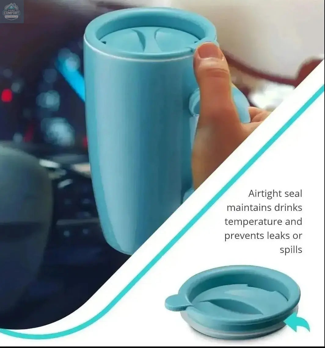 ceramic coffee mug with lid being held inside a car showing spill resistant travel use