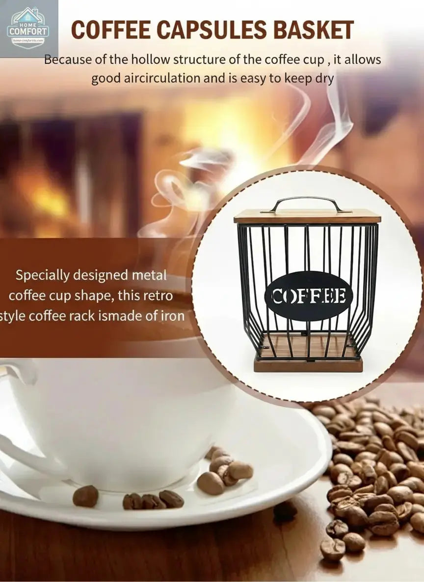 Coffee filter holder capsule basket showing airflow metal design with wood lid for coffee bar organization
