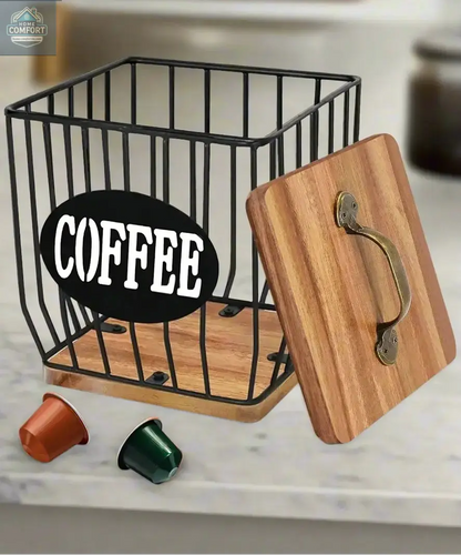 Coffee filter holder metal basket with wooden lid and coffee capsules on kitchen countertop
