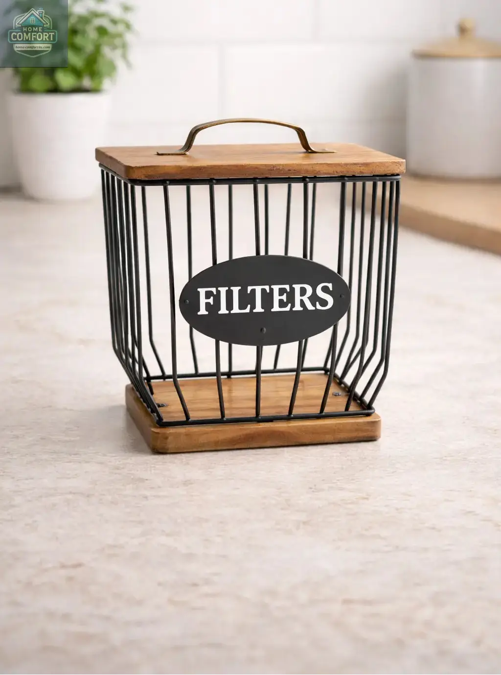 Coffee filter holder capsule basket showing airflow metal design with wood lid for coffee bar organization