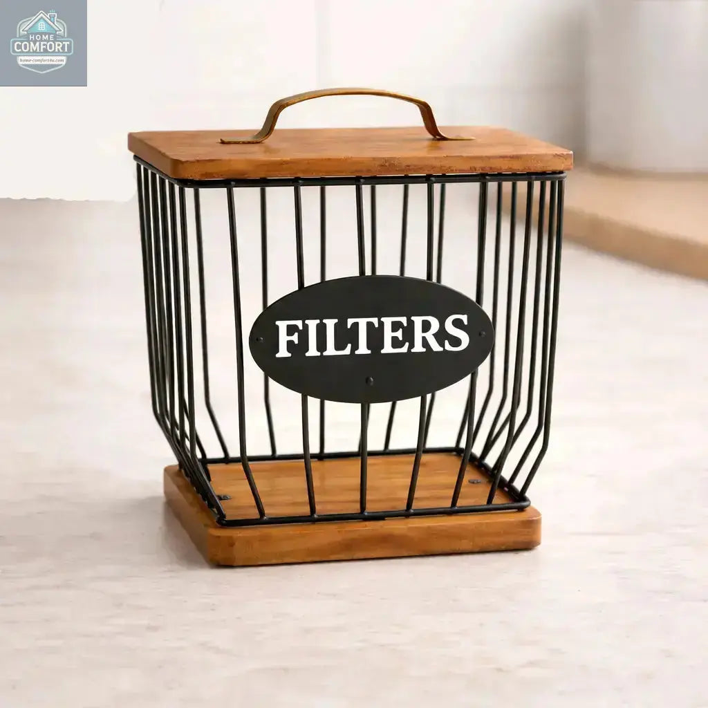 Coffee filter holder capsule basket showing airflow metal design with wood lid for coffee bar organization
