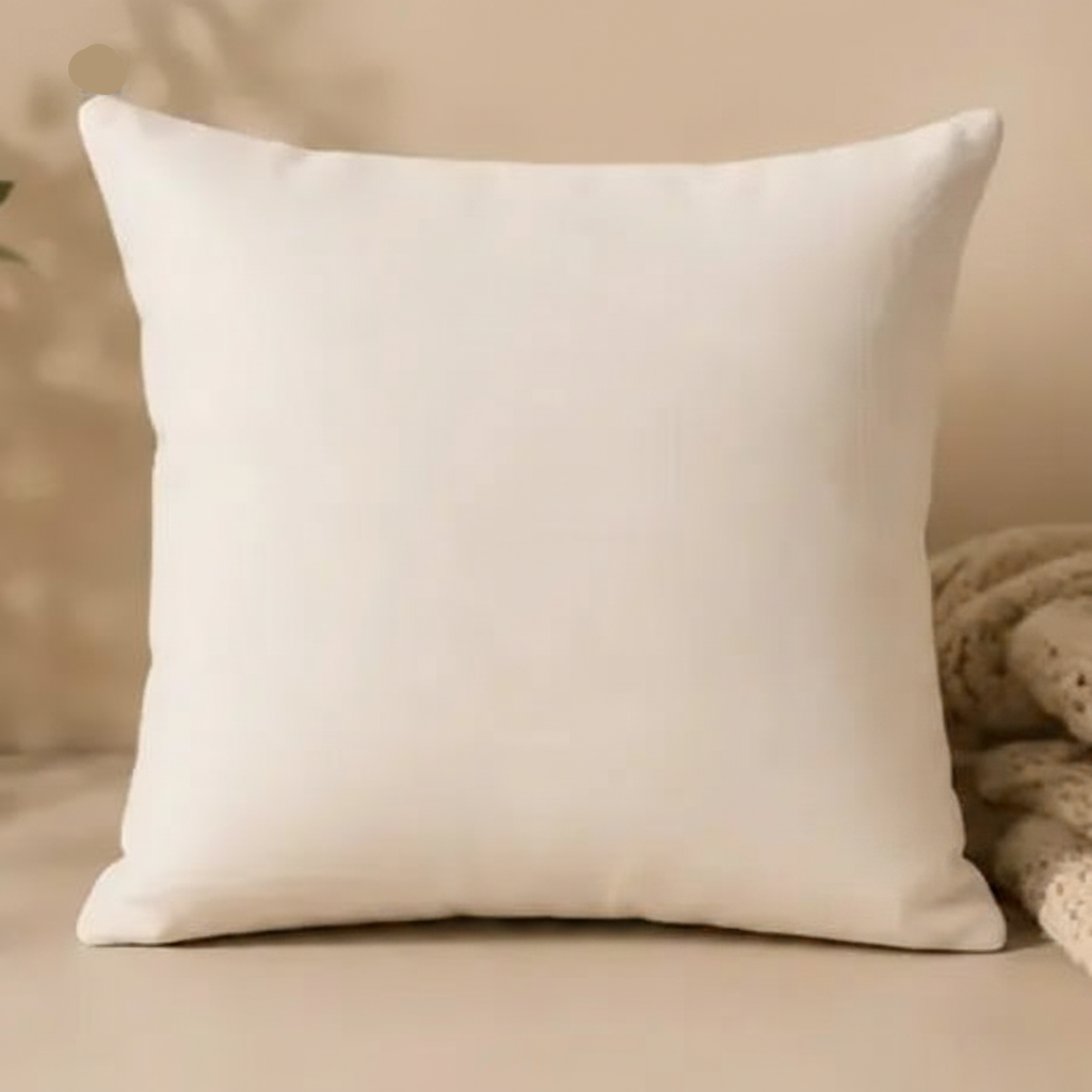 Cozy Nights Square Throw Pillow on a beige background with a textured blanket and plant leaves.