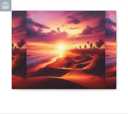 Custom canvas print featuring a vibrant tropical sunset with palm trees and ocean waves in warm orange and pink tones