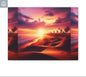 Custom canvas print featuring a vibrant tropical sunset with palm trees and ocean waves in warm orange and pink tones
