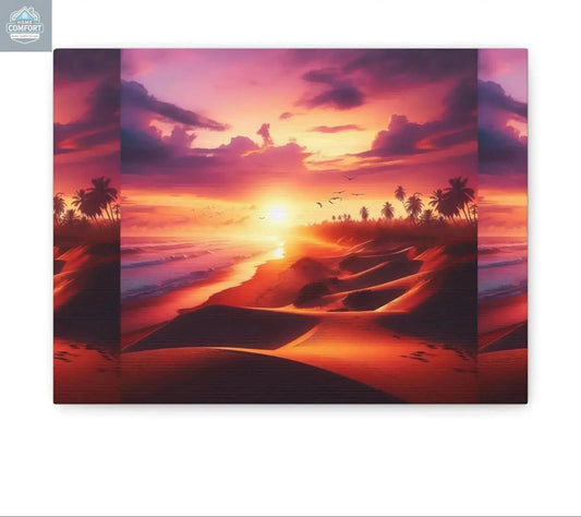 Custom canvas print featuring a vibrant tropical sunset with palm trees and ocean waves in warm orange and pink tones