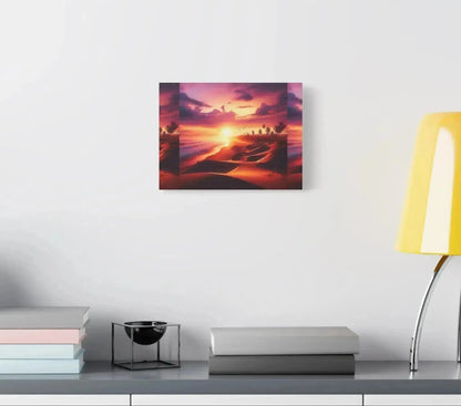 Custom tropical sunset canvas print displayed on a modern wall above a desk with books and lamp
