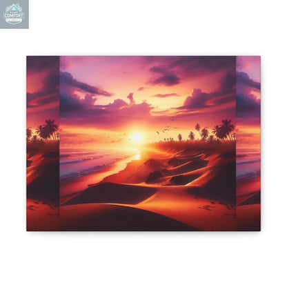 Custom canvas print featuring a vibrant tropical sunset with palm trees and ocean waves in warm orange and pink tones